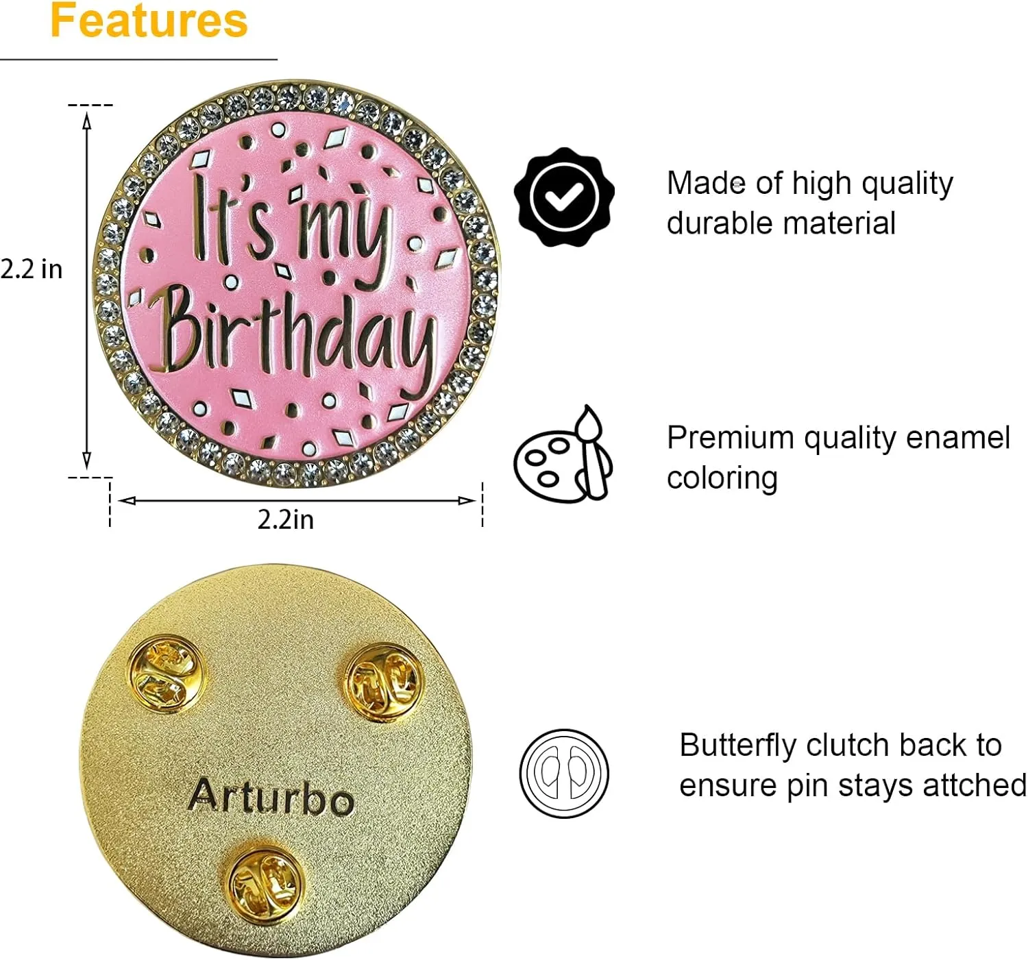 For It's My Birthday Pin Brooch Round Metal Lapel Pin Badges with Rhinestones Fun Pink Pearl Enamel Pins for Women Girls Boys Men Birthday Party Wedding Gifts Decoration