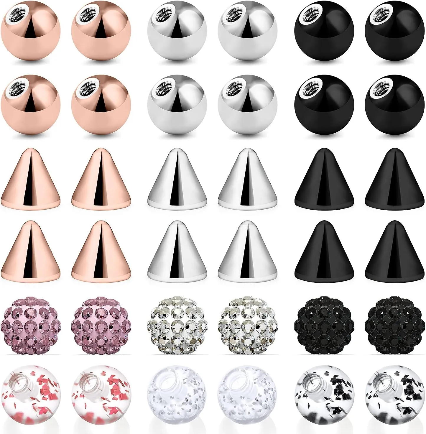 Ftovosyo 36Pcs 14G 5mm Multiple Styles Replacement Balls Jewelry Piercing Stainless Steel Barbell Parts for Industrial Barbell/Nipple Rings/Tongue Rings