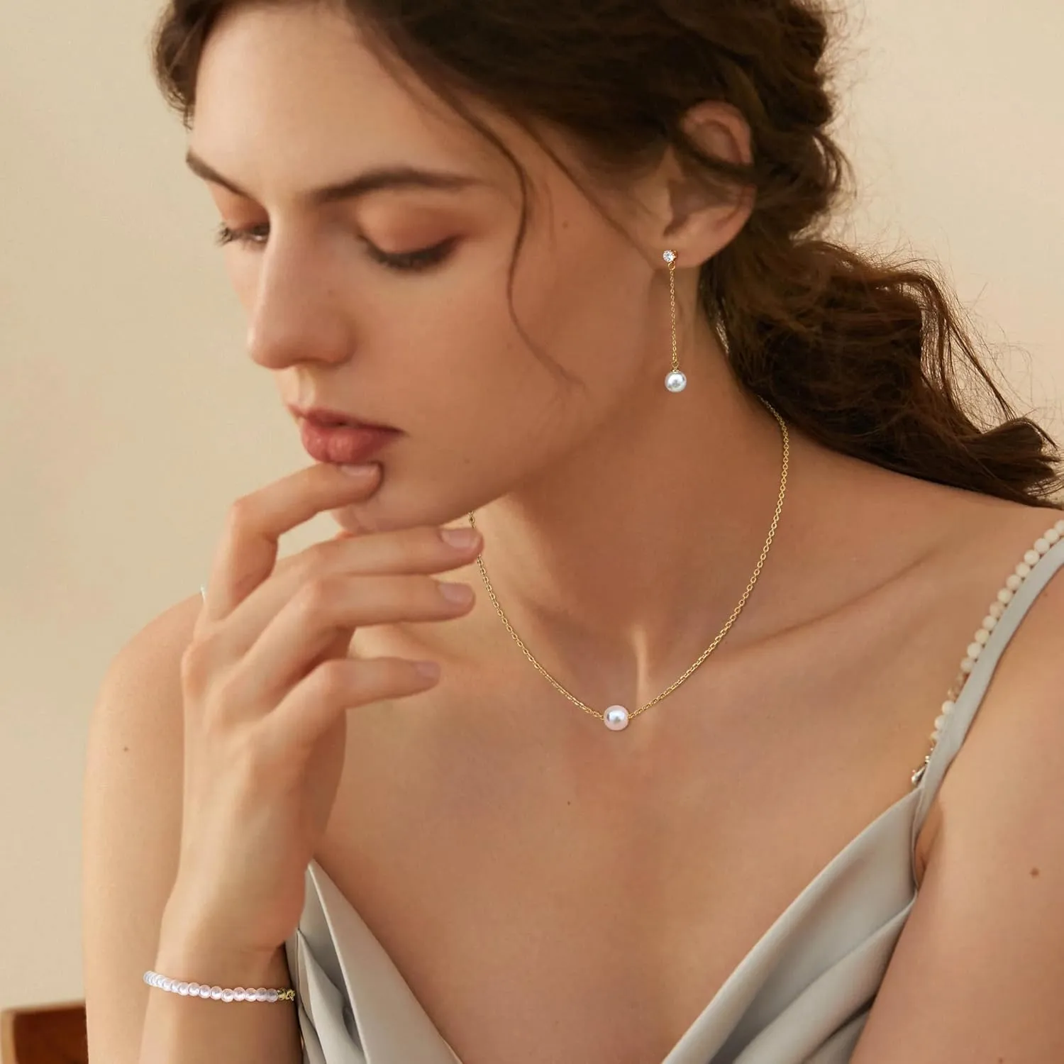 FUNRUN JEWELRY 14K Gold Plated Pearl Necklace Set for Women - Adjustable Choker, Bracelet, Drop Earrings - Dainty Wedding Jewelry