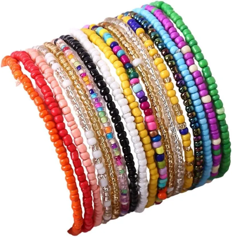 Fuqimanman2020 17Pcs Elastic Beaded Handmade Bracelets Bohemian Stackable Beaded Stretch Bracelets Colorful Rainbow Seed Beach Anket Bracelet Set Summer Jewelry for Women