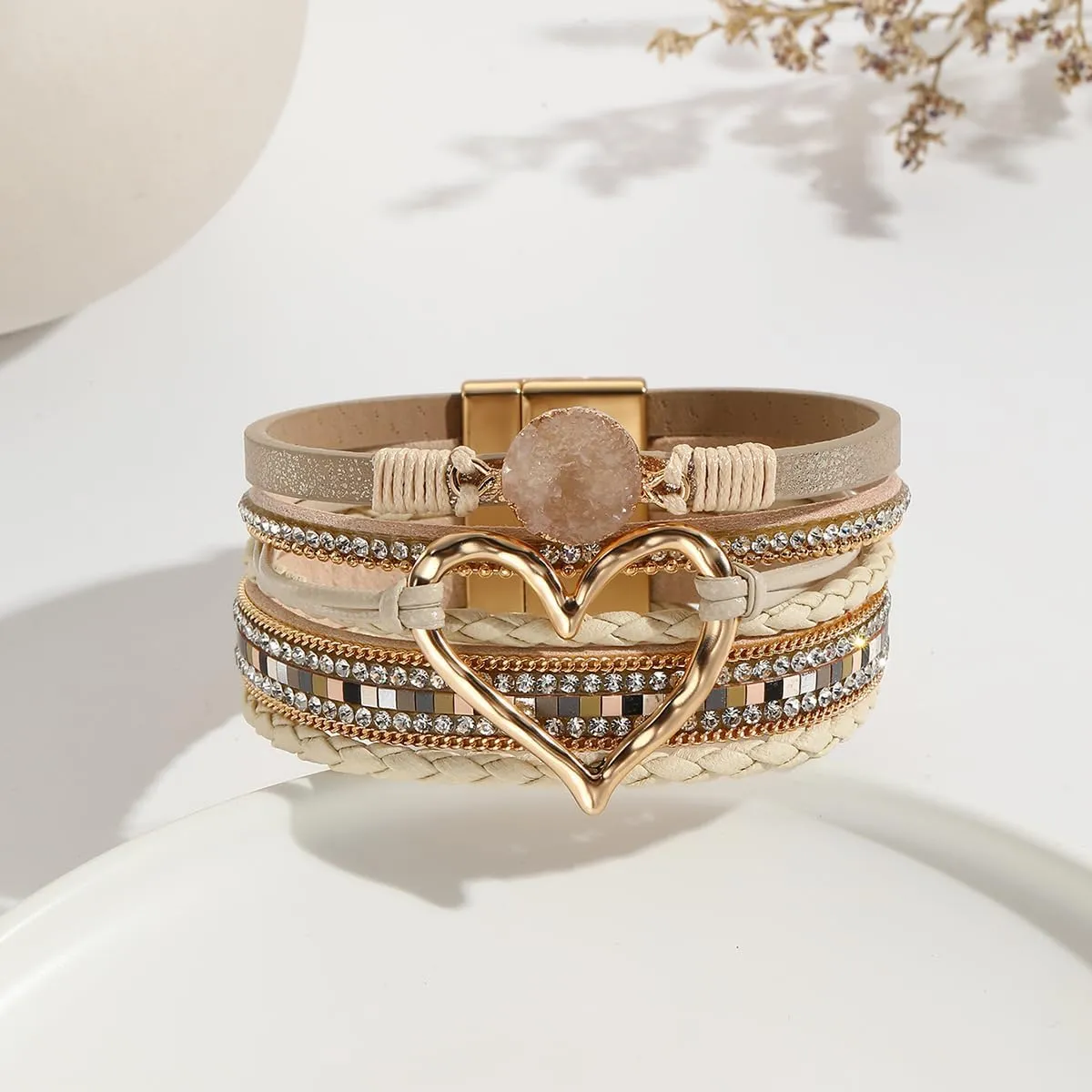Fuqimanman2020 Heart Leather Wrap Bracelets Boho Stackable Cuff Bangles Resin Stone Rhinestone Bracelets with Clasp Christmas Jewelry Gift for Women