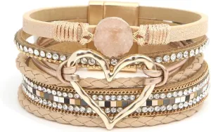 Fuqimanman2020 Heart Leather Wrap Bracelets Boho Stackable Cuff Bangles Resin Stone Rhinestone Bracelets with Clasp Christmas Jewelry Gift for Women