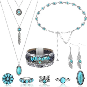 Geyoga 9 Pcs Bohemian Turquoise Jewelry Set Western Jewelry Turquoise Necklace, Vintage Dangle Earrings, Stacking Knuckle Rings, Waist Chain, Western Bracelets for Women Holiday Gift