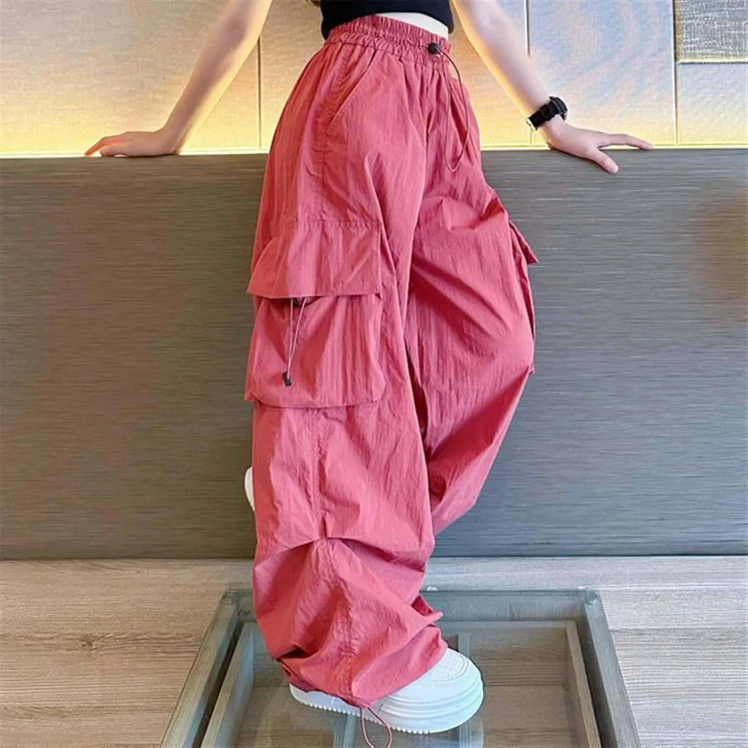 Girls Cargo Pants Wide Leg Pants Teen Kids Solid Drawstring Straight Joggers Trousers with Pockets 3-16 Years