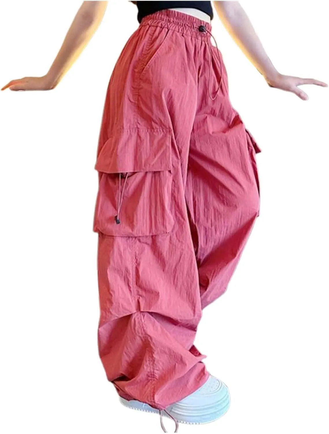 Girls Cargo Pants Wide Leg Pants Teen Kids Solid Drawstring Straight Joggers Trousers with Pockets 3-16 Years