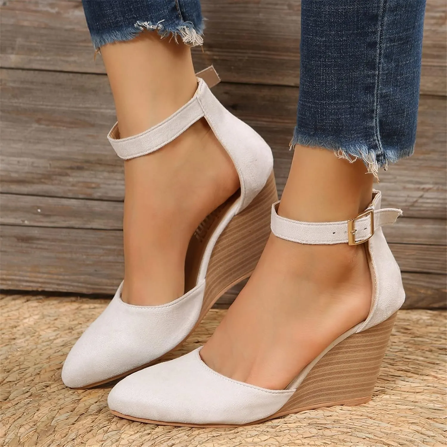 Girls Sandals Pointed Toe Closed Toe Suede Wedge Heels Thick Sole Adjustable Buckle Wedge Platform Sandals Slides