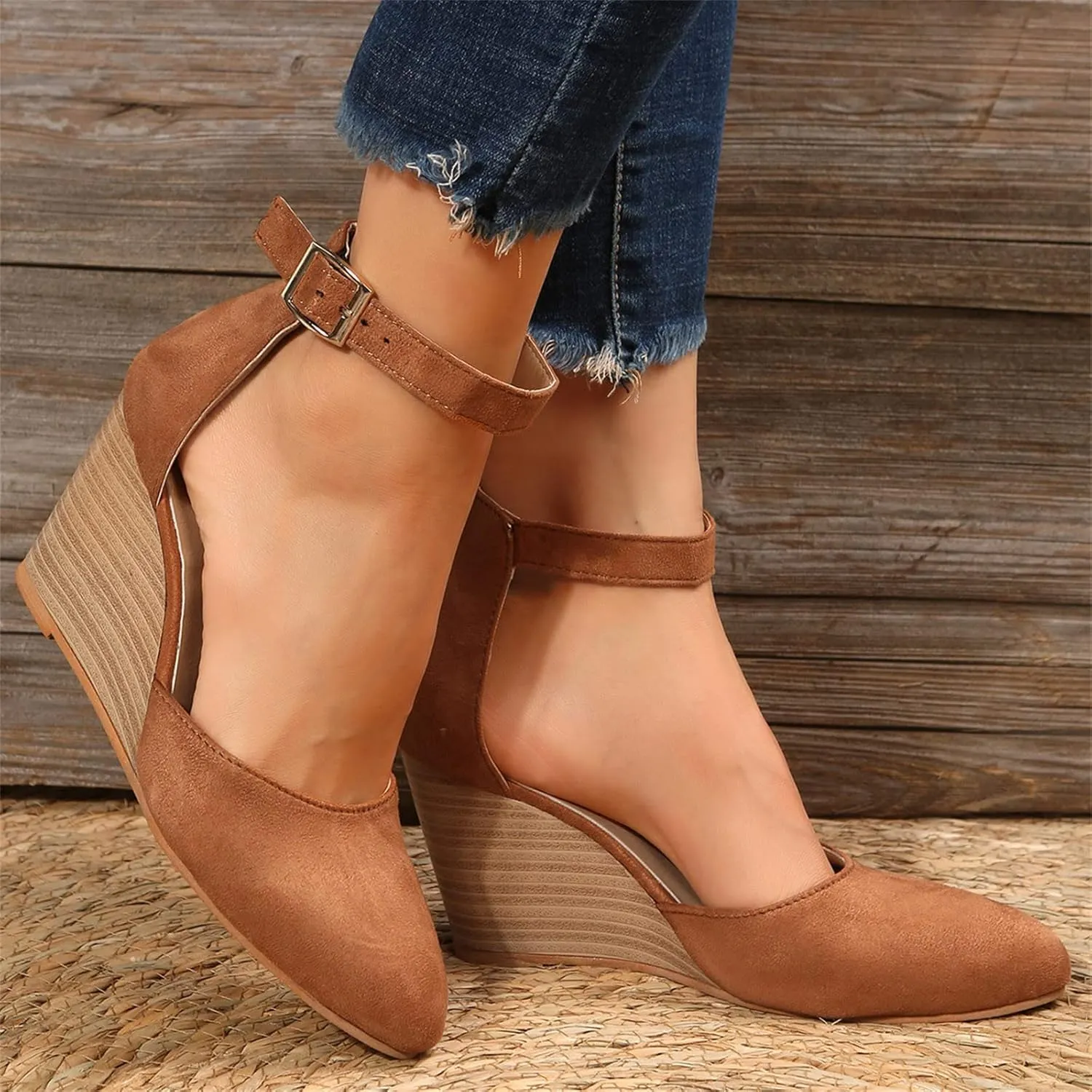 Girls Sandals Pointed Toe Closed Toe Suede Wedge Heels Thick Sole Adjustable Buckle Wedge Platform Sandals Slides