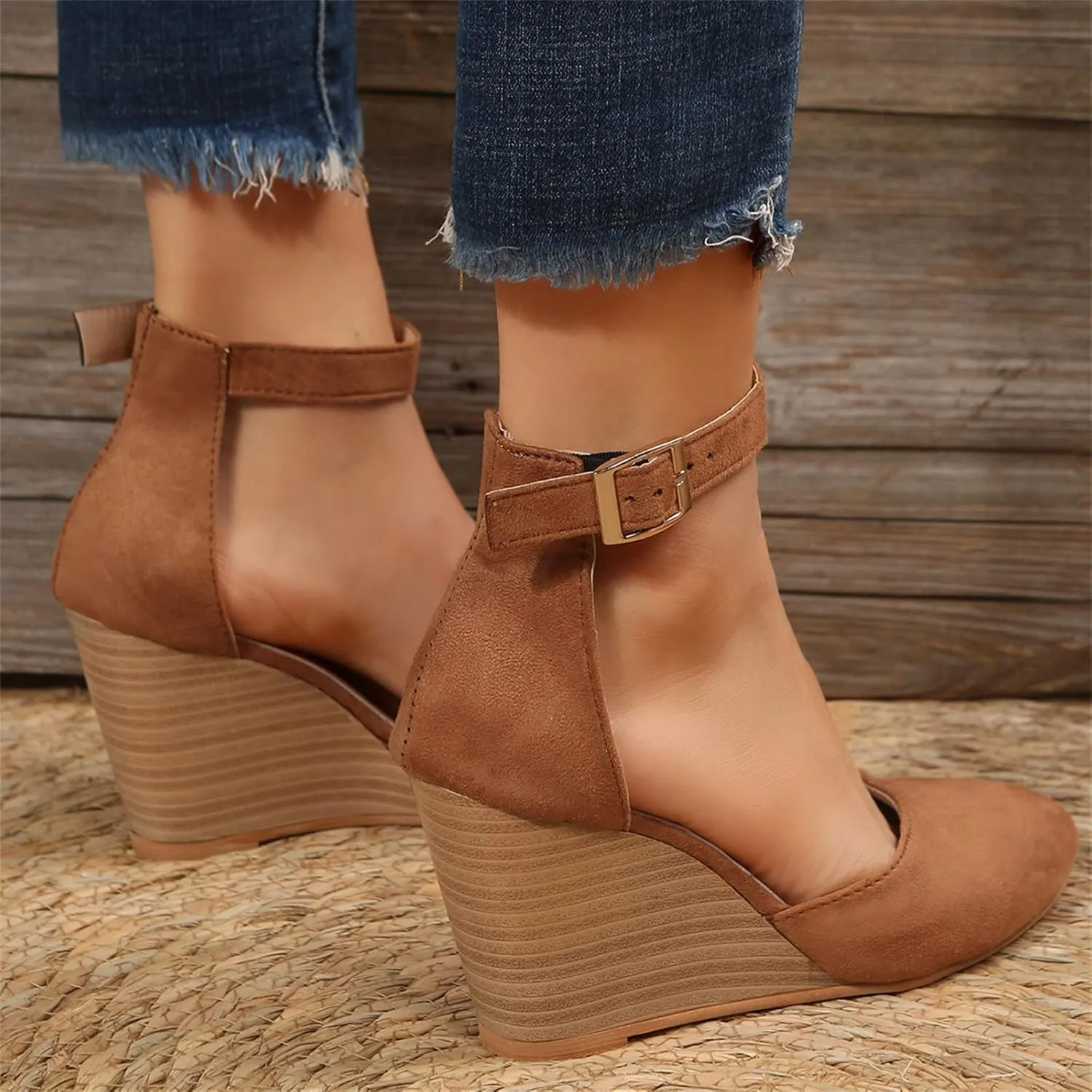 Girls Sandals Pointed Toe Closed Toe Suede Wedge Heels Thick Sole Adjustable Buckle Wedge Platform Sandals Slides