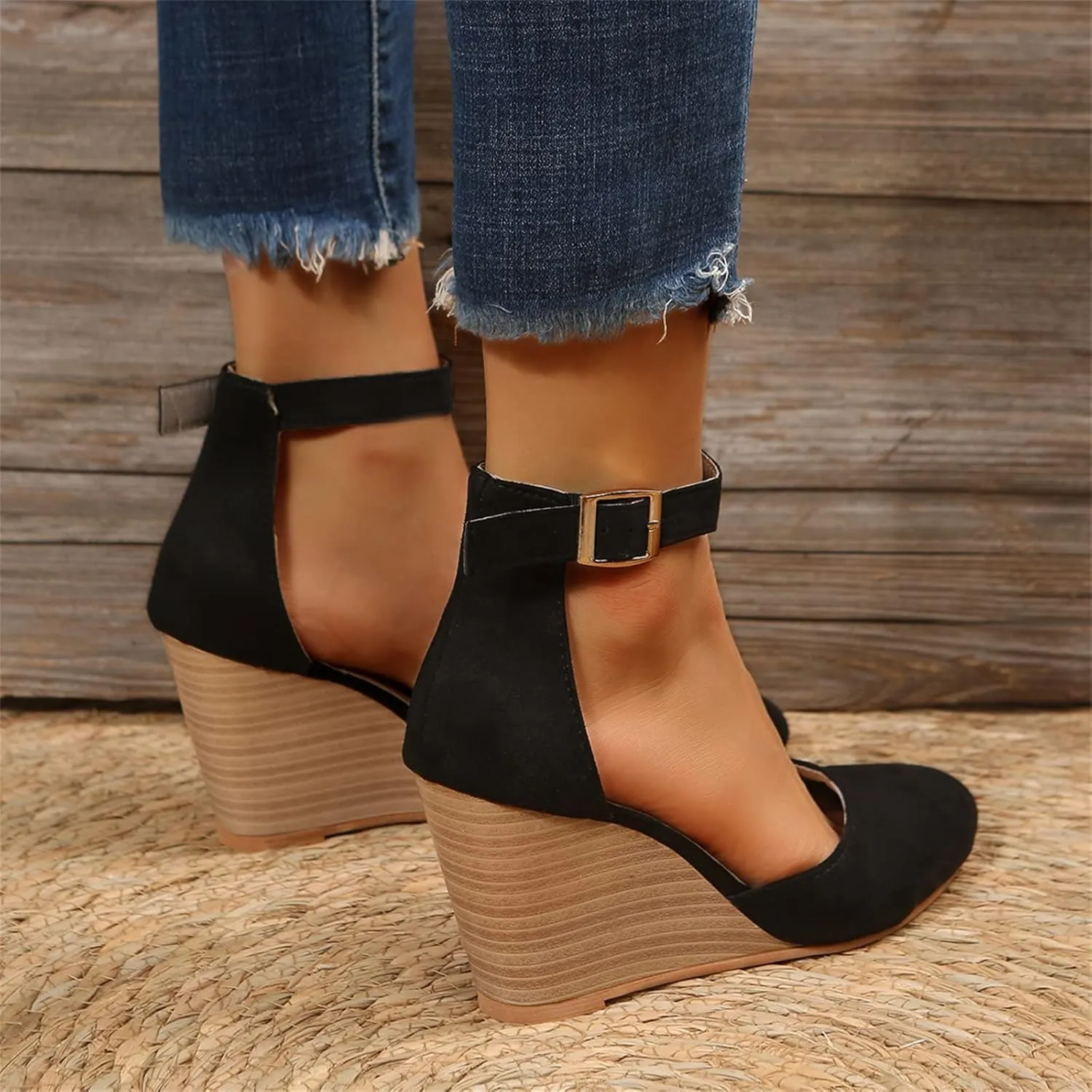 Girls Sandals Pointed Toe Closed Toe Suede Wedge Heels Thick Sole Adjustable Buckle Wedge Platform Sandals Slides