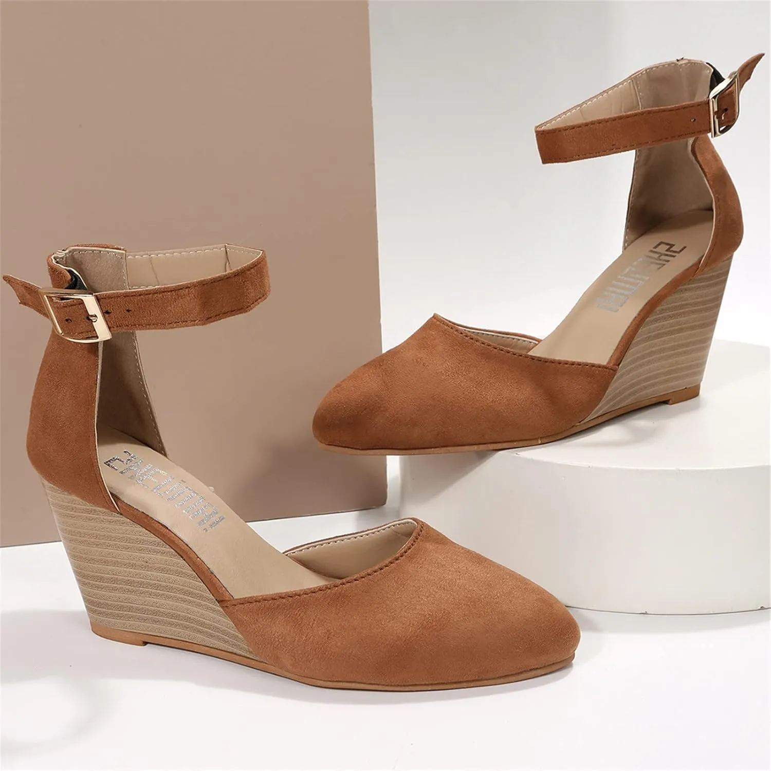 Girls Sandals Pointed Toe Closed Toe Suede Wedge Heels Thick Sole Adjustable Buckle Wedge Platform Sandals Slides