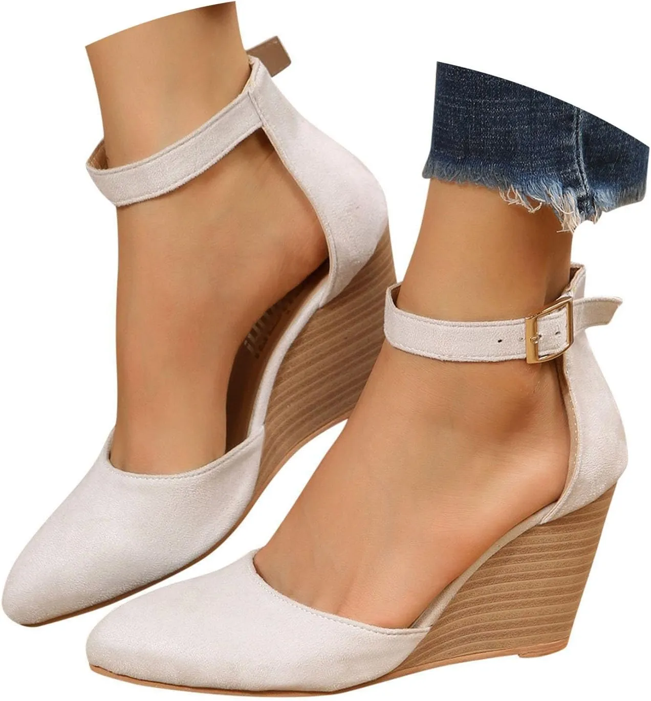 Girls Sandals Pointed Toe Closed Toe Suede Wedge Heels Thick Sole Adjustable Buckle Wedge Platform Sandals Slides