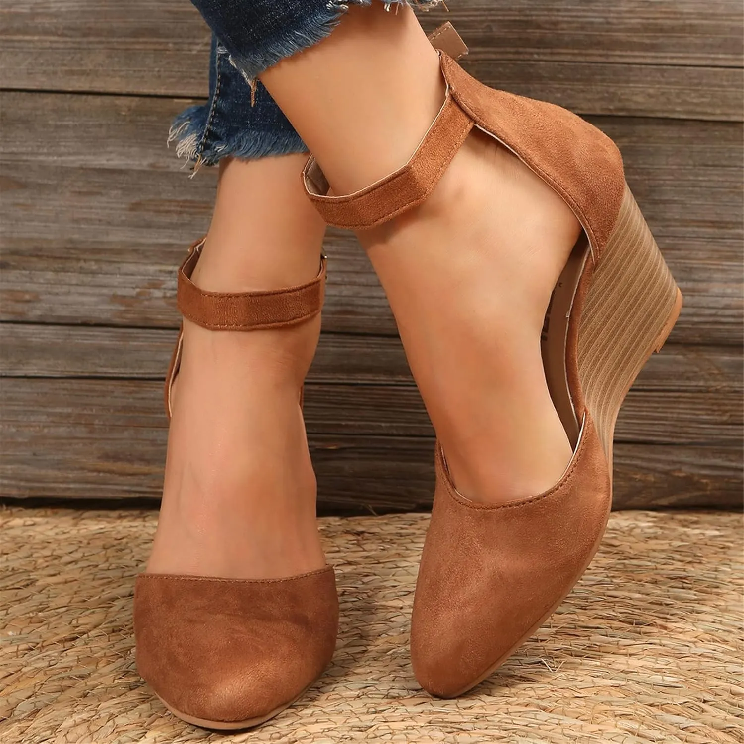 Girls Sandals Pointed Toe Closed Toe Suede Wedge Heels Thick Sole Adjustable Buckle Wedge Platform Sandals Slides