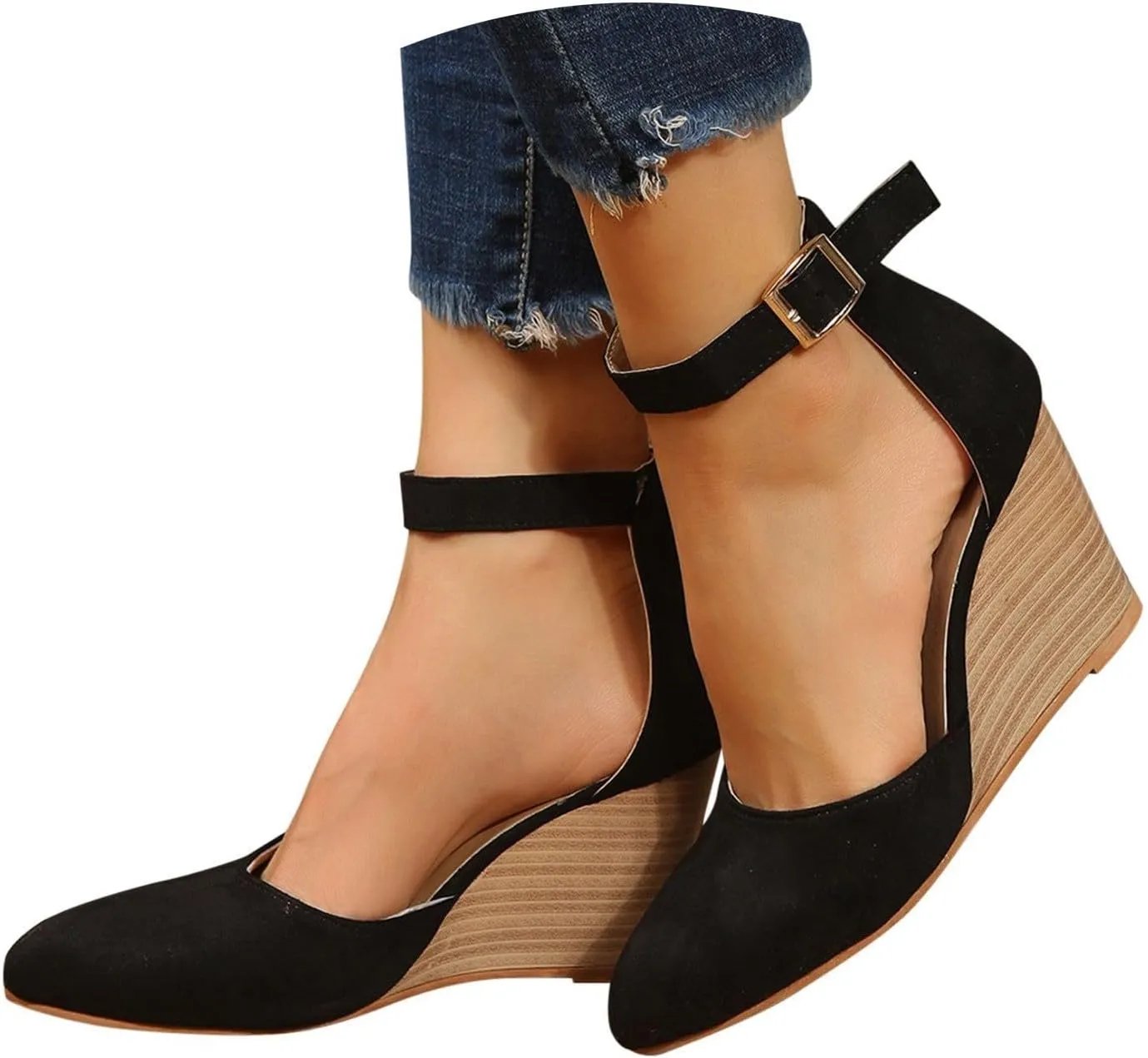 Girls Sandals Pointed Toe Closed Toe Suede Wedge Heels Thick Sole Adjustable Buckle Wedge Platform Sandals Slides