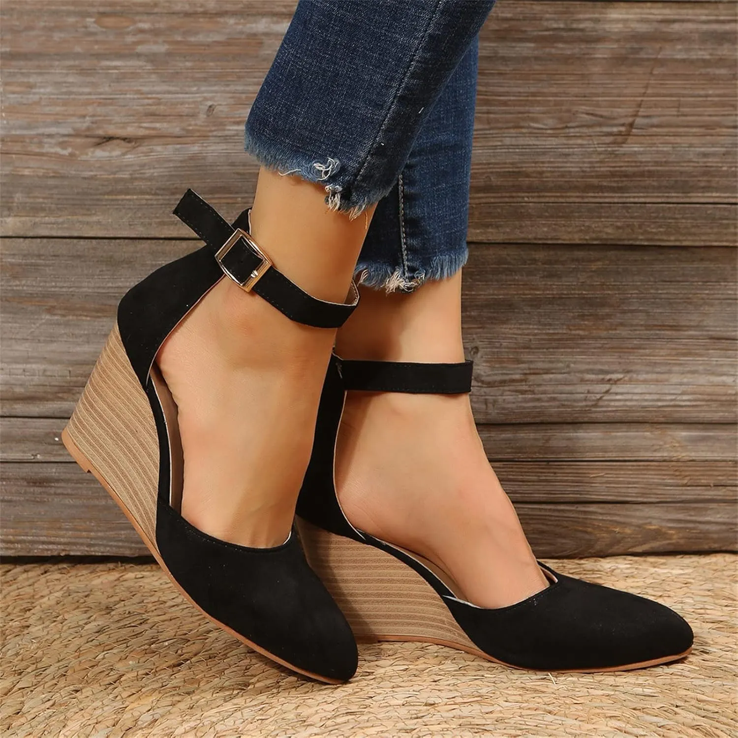 Girls Sandals Pointed Toe Closed Toe Suede Wedge Heels Thick Sole Adjustable Buckle Wedge Platform Sandals Slides