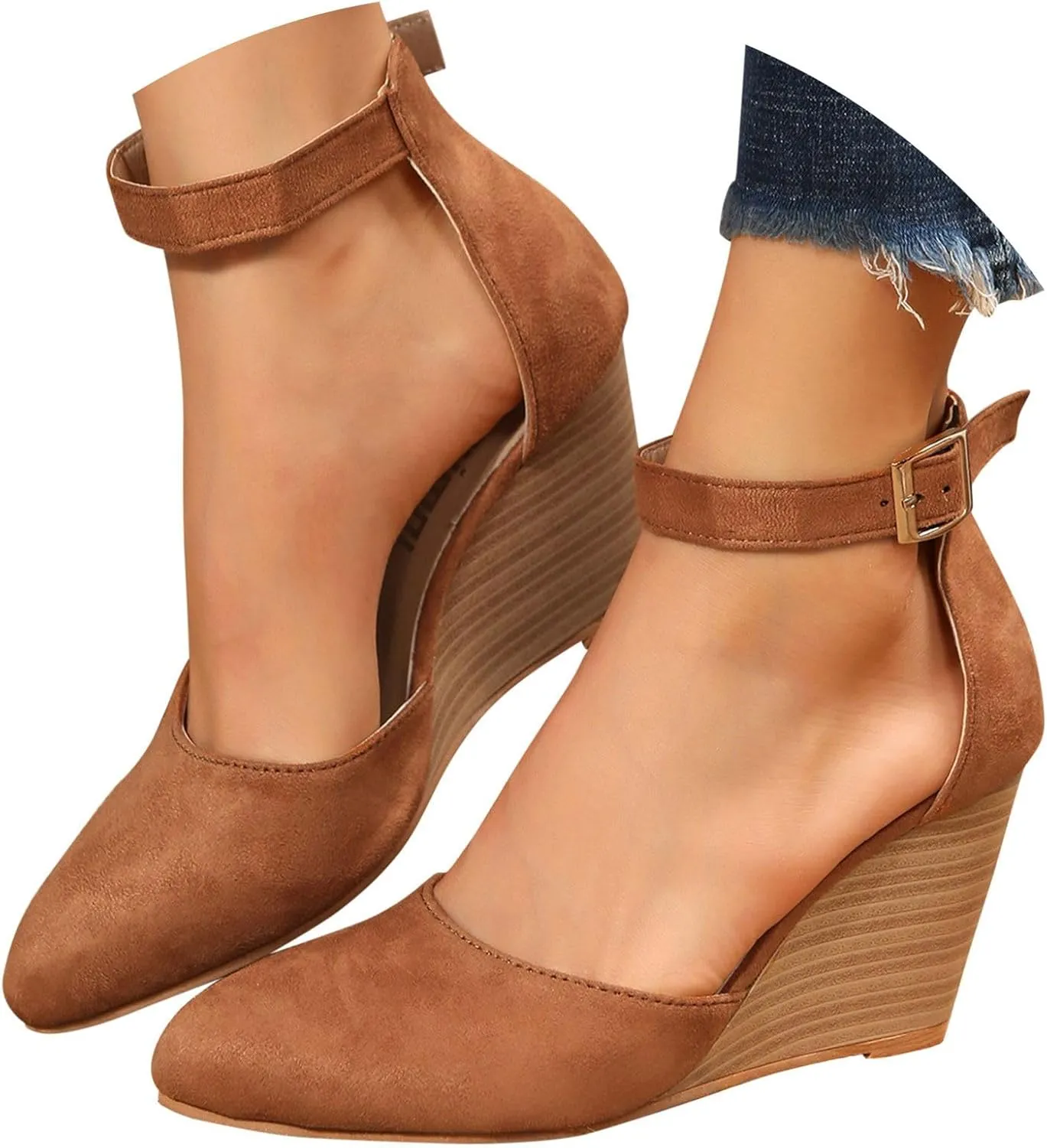 Girls Sandals Pointed Toe Closed Toe Suede Wedge Heels Thick Sole Adjustable Buckle Wedge Platform Sandals Slides
