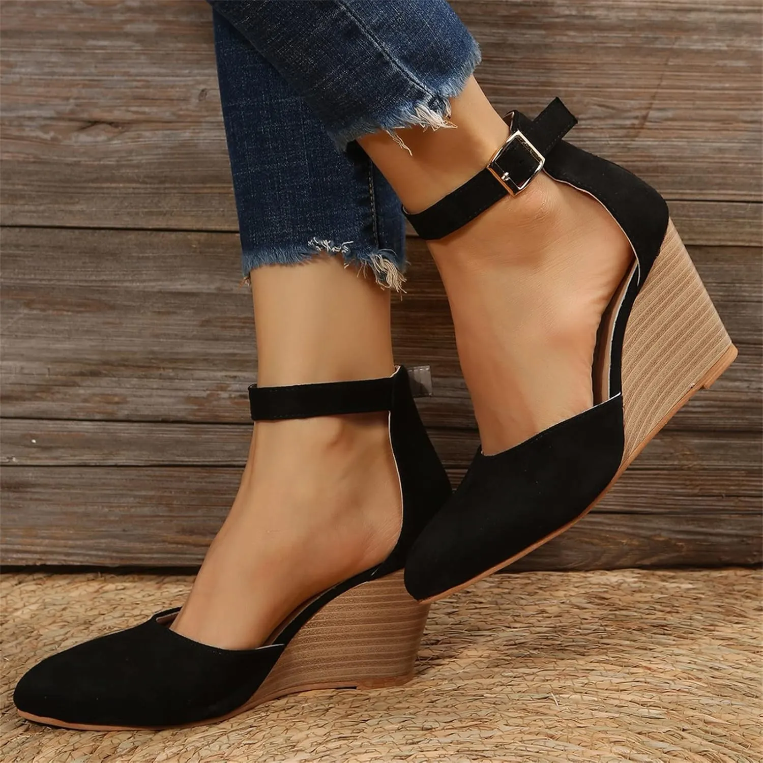 Girls Sandals Pointed Toe Closed Toe Suede Wedge Heels Thick Sole Adjustable Buckle Wedge Platform Sandals Slides