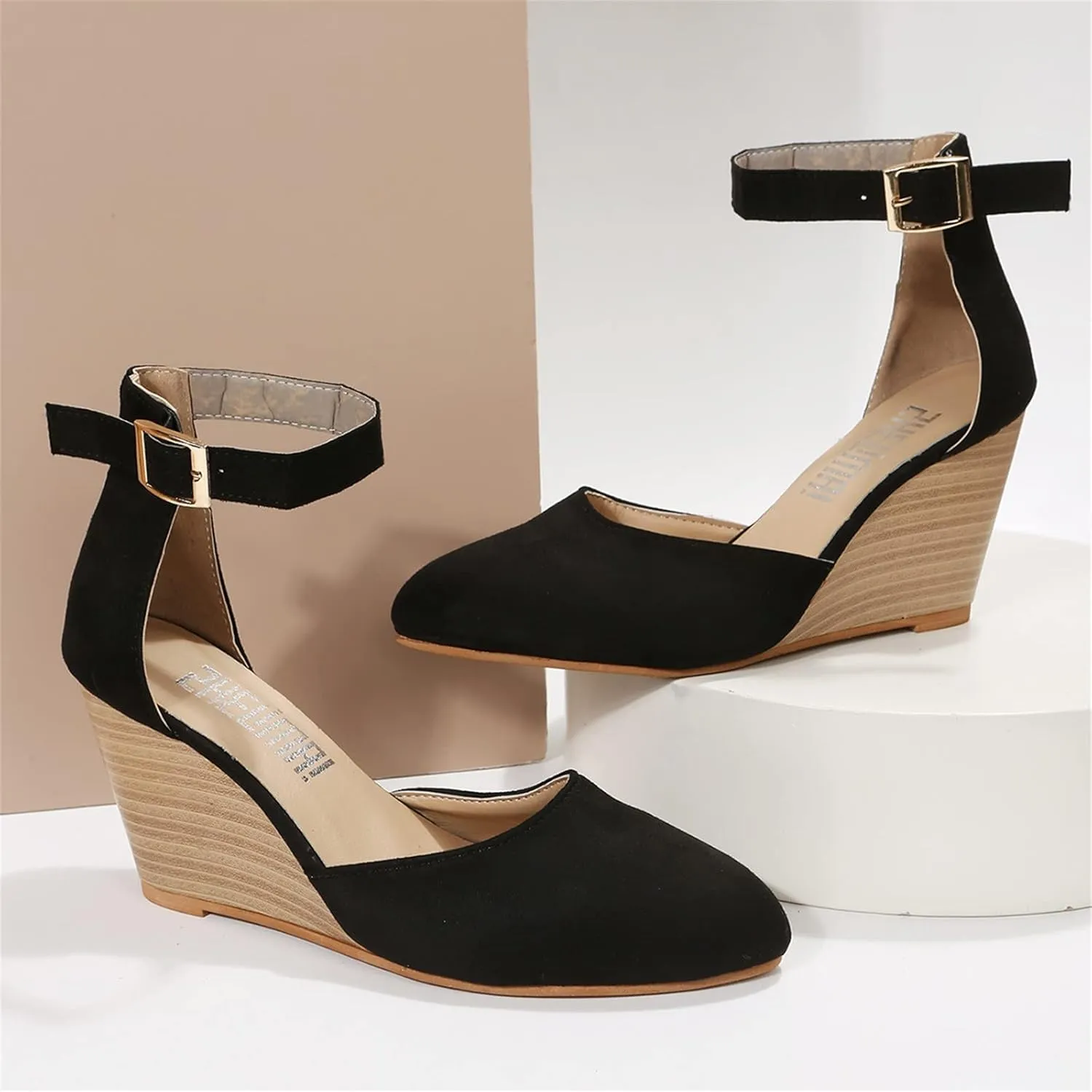 Girls Sandals Pointed Toe Closed Toe Suede Wedge Heels Thick Sole Adjustable Buckle Wedge Platform Sandals Slides