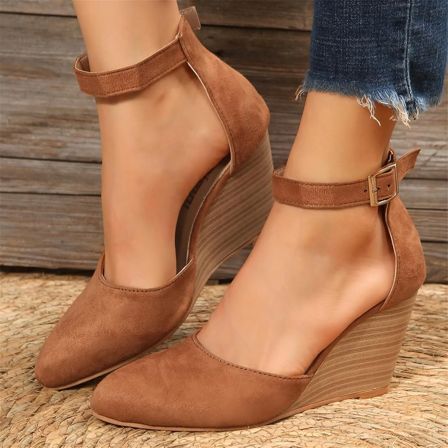 Girls Sandals Pointed Toe Closed Toe Suede Wedge Heels Thick Sole Adjustable Buckle Wedge Platform Sandals Slides