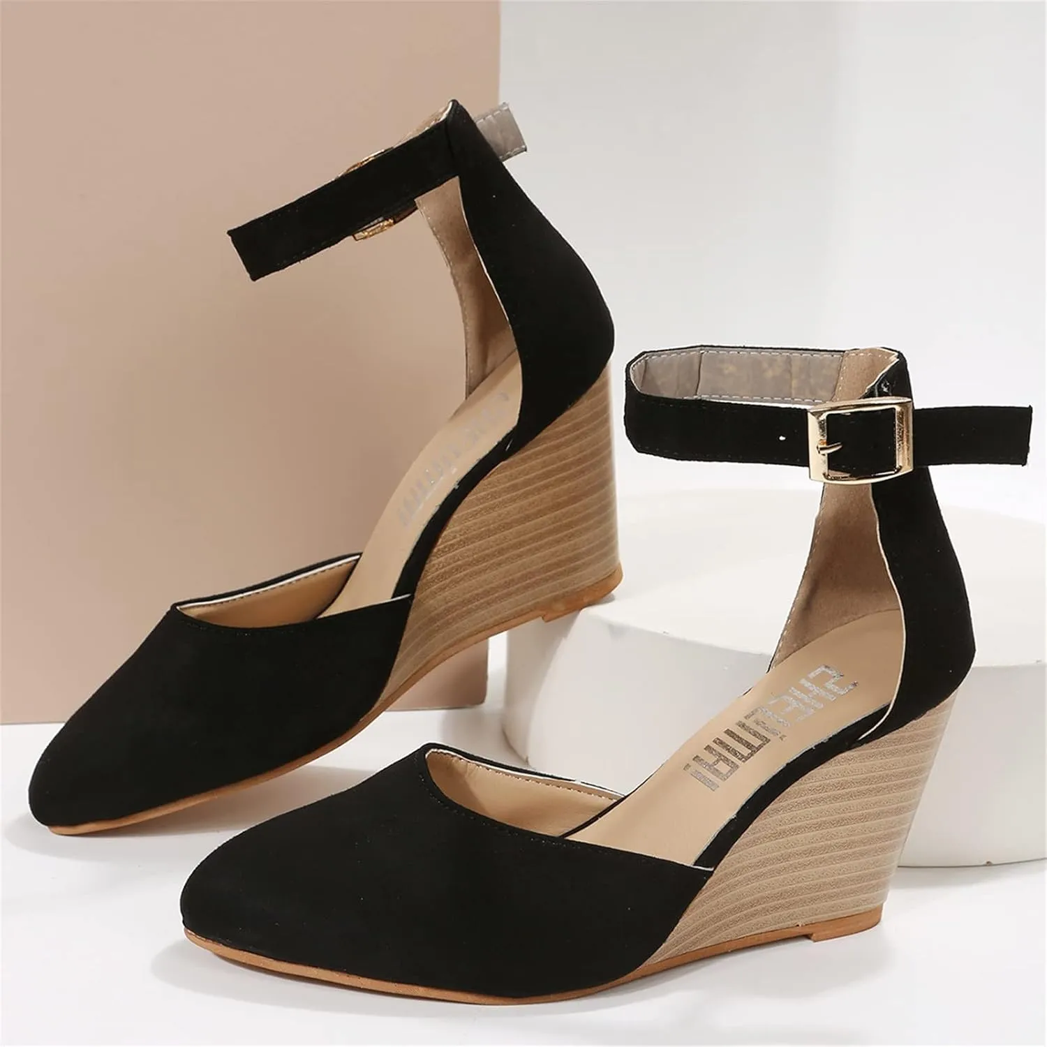 Girls Sandals Pointed Toe Closed Toe Suede Wedge Heels Thick Sole Adjustable Buckle Wedge Platform Sandals Slides
