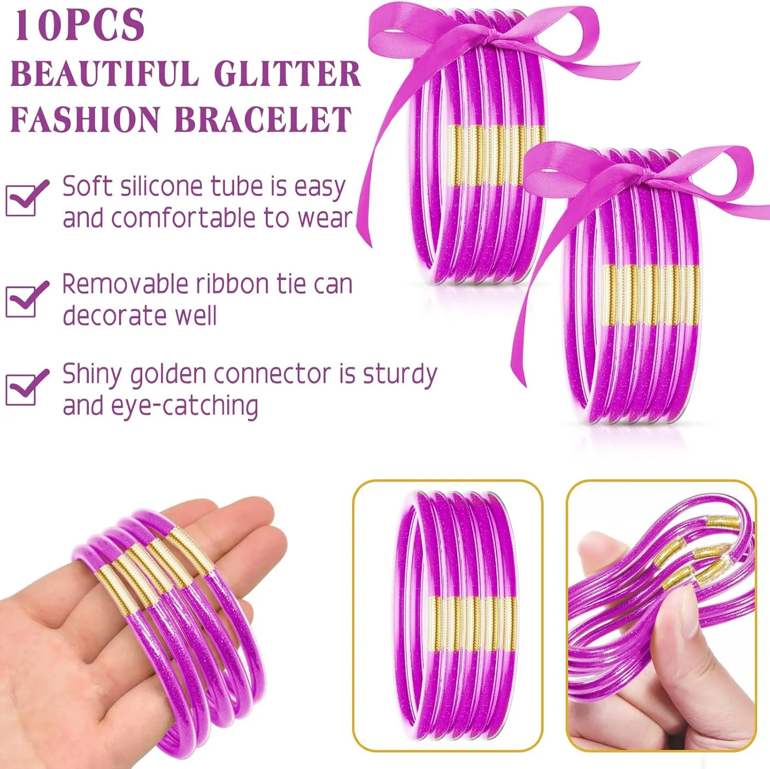 Glitter Jelly Bracelets, Soft Silicone Glitter Filled Jelly Bangles Bracelets Women- Sparkling Fashion Bangles for Women