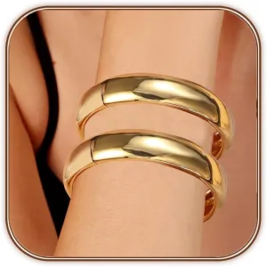 Gold Bangles Bracelets for Women Chunky Gold Cuff Bracelet Set 2PCS Trendy Bracelet for Women Irregular Cuff Hinged Wide 14K Gold Plated Bracelet