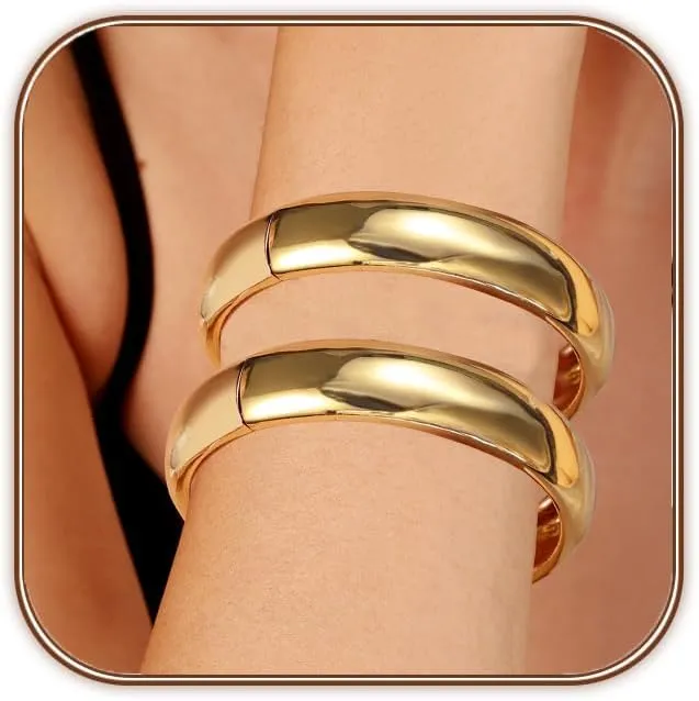 Gold Bangles Bracelets for Women Chunky Gold Cuff Bracelet Set 2PCS Trendy Bracelet for Women Irregular Cuff Hinged Wide 14K Gold Plated Bracelet