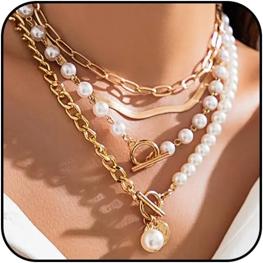 Gold Layered Chunky Necklace for Women Paperclip Chain Pearl Necklace Herringbone Necklace Gold Chunky Necklaces