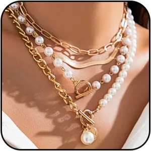 Gold Layered Chunky Necklace for Women Paperclip Chain Pearl Necklace Herringbone Necklace Gold Chunky Necklaces