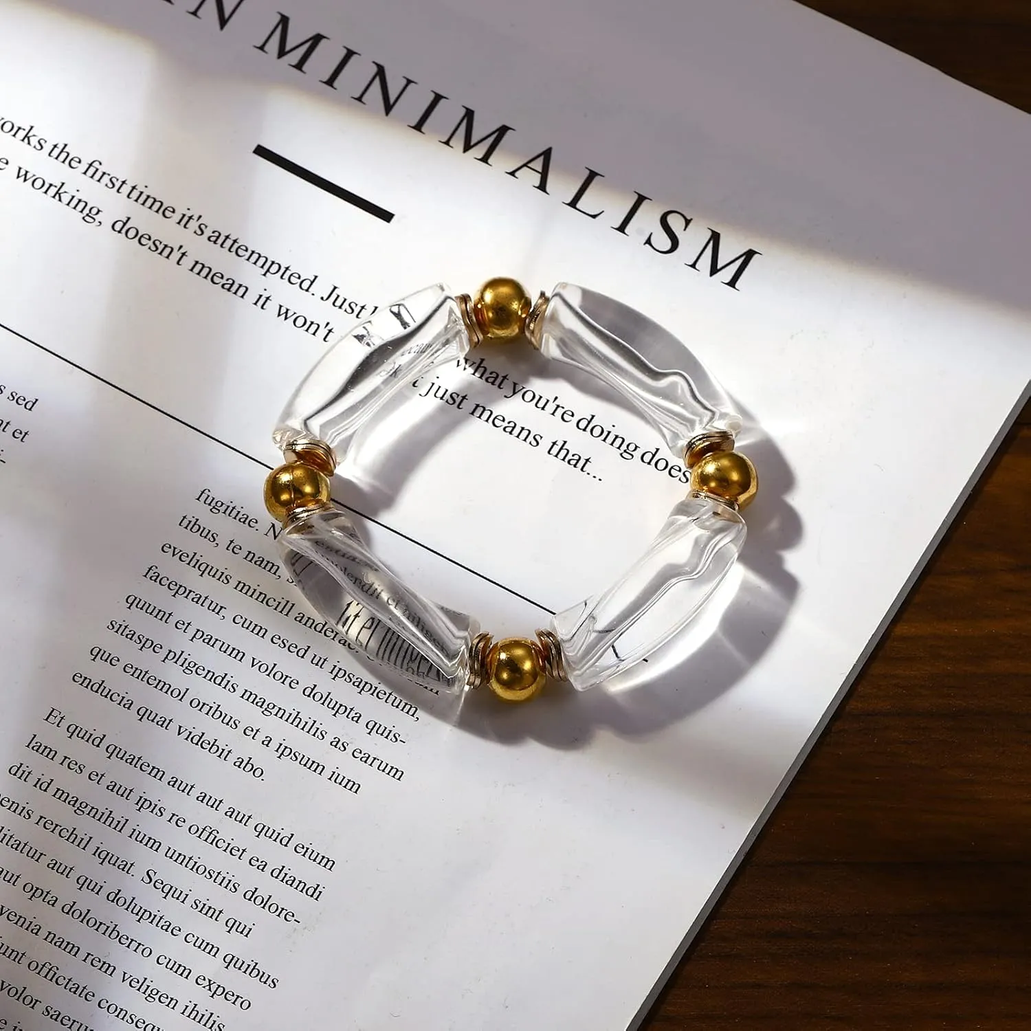 Gold Plated Beaded Bangle Bamboo Tube Bracelet Chunky Stacking Bangles Acrylic Clear Stretchable Colorful Beads Friendship Bracelets Gift For Women