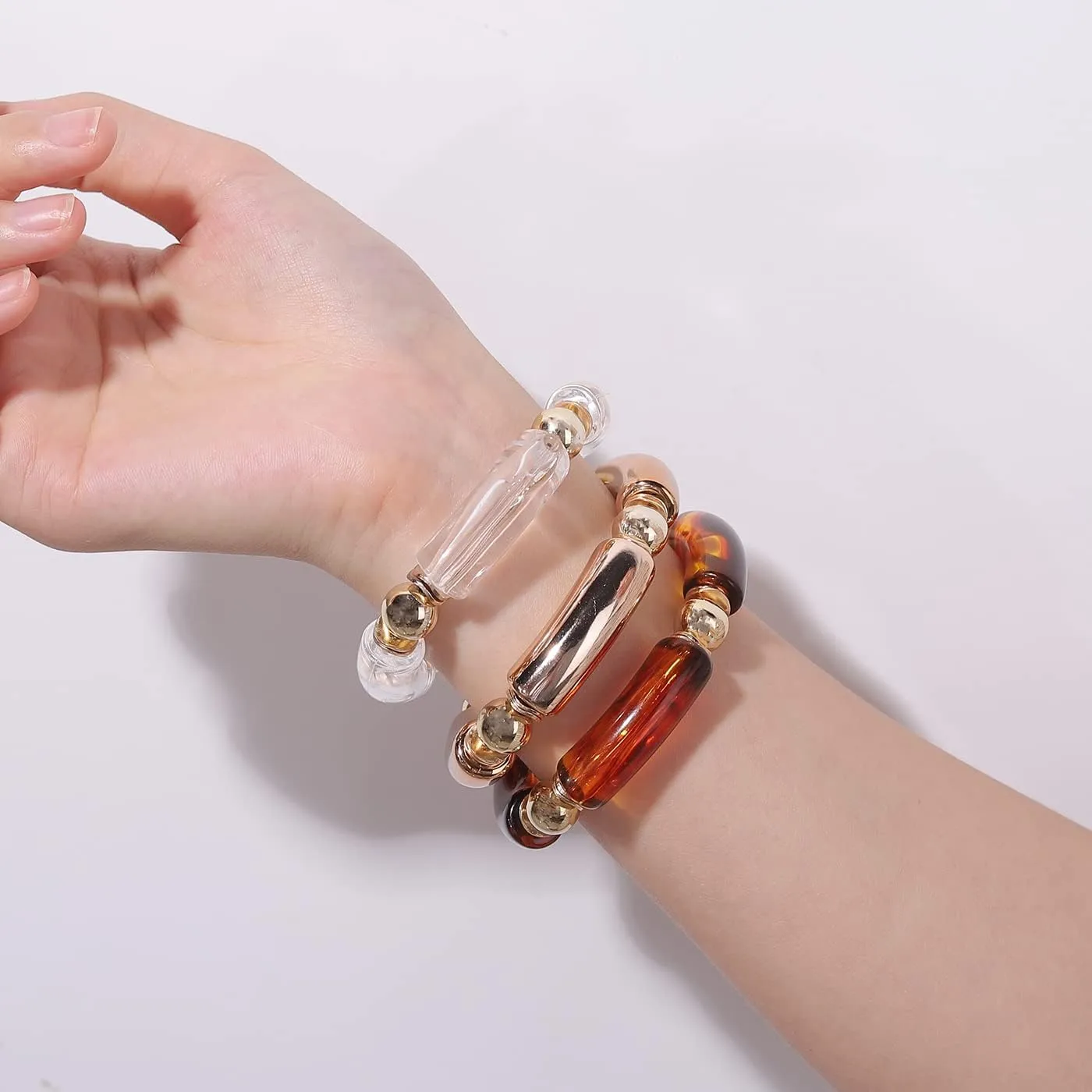 Gold Plated Beaded Bangle Bamboo Tube Bracelet Chunky Stacking Bangles Acrylic Clear Stretchable Colorful Beads Friendship Bracelets Gift For Women