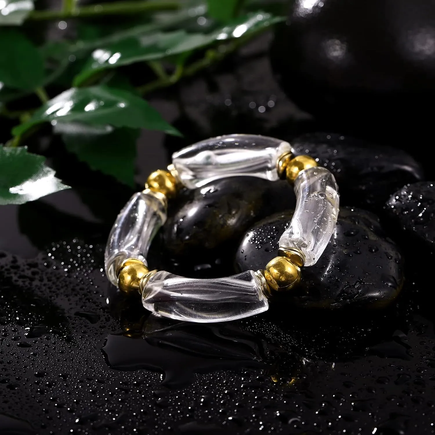 Gold Plated Beaded Bangle Bamboo Tube Bracelet Chunky Stacking Bangles Acrylic Clear Stretchable Colorful Beads Friendship Bracelets Gift For Women