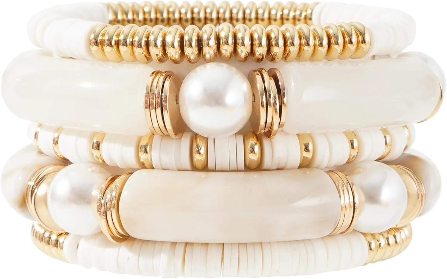 GOOJIDS Simple Beaded Gold Bangles Bracelet Chunky Bamboo Tube Curved Stacking Clear Acrylic Colorful Beads Stretchable Gold Bracelets Set For Women