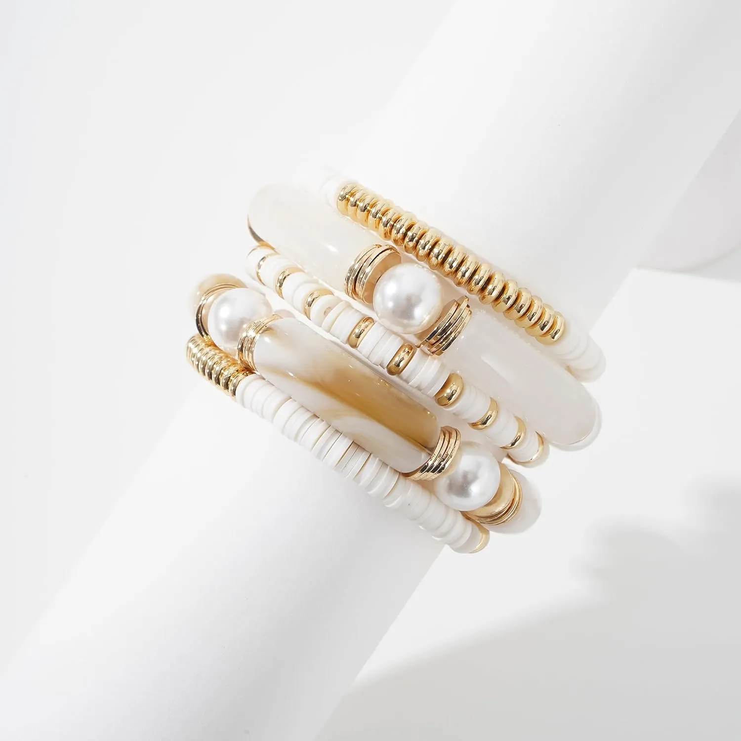GOOJIDS Simple Beaded Gold Bangles Bracelet Chunky Bamboo Tube Curved Stacking Clear Acrylic Colorful Beads Stretchable Gold Bracelets Set For Women