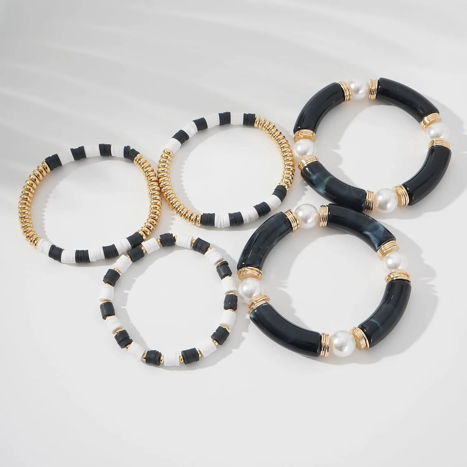 GOOJIDS Simple Beaded Gold Bangles Bracelet Chunky Bamboo Tube Curved Stacking Clear Acrylic Colorful Beads Stretchable Gold Bracelets Set For Women