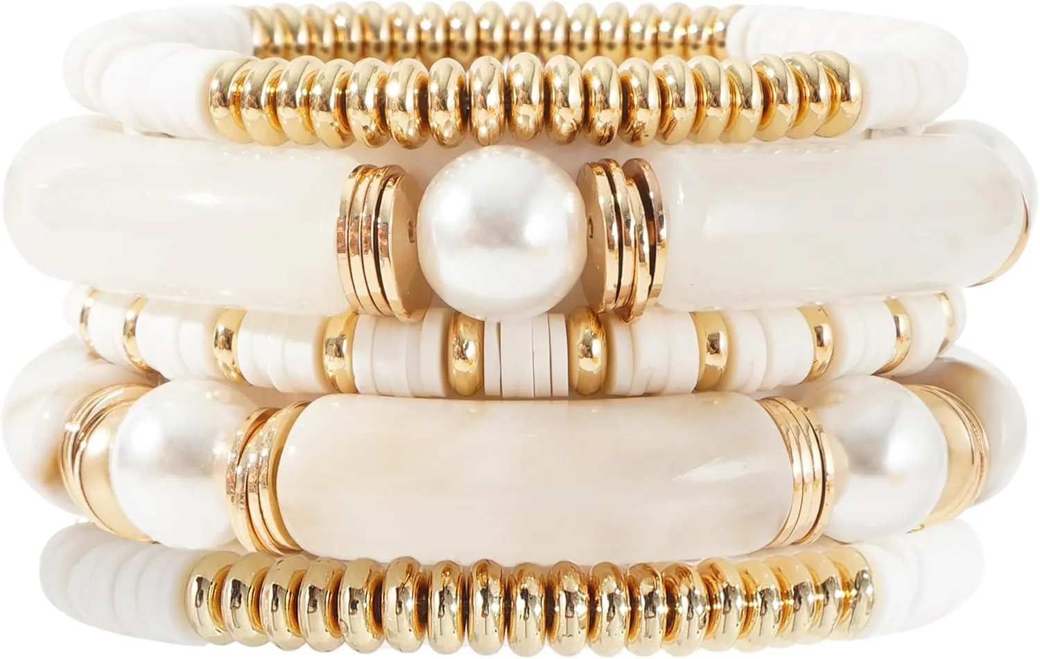 GOOJIDS Simple Beaded Gold Bangles Bracelet Chunky Bamboo Tube Curved Stacking Clear Acrylic Colorful Beads Stretchable Gold Bracelets Set For Women