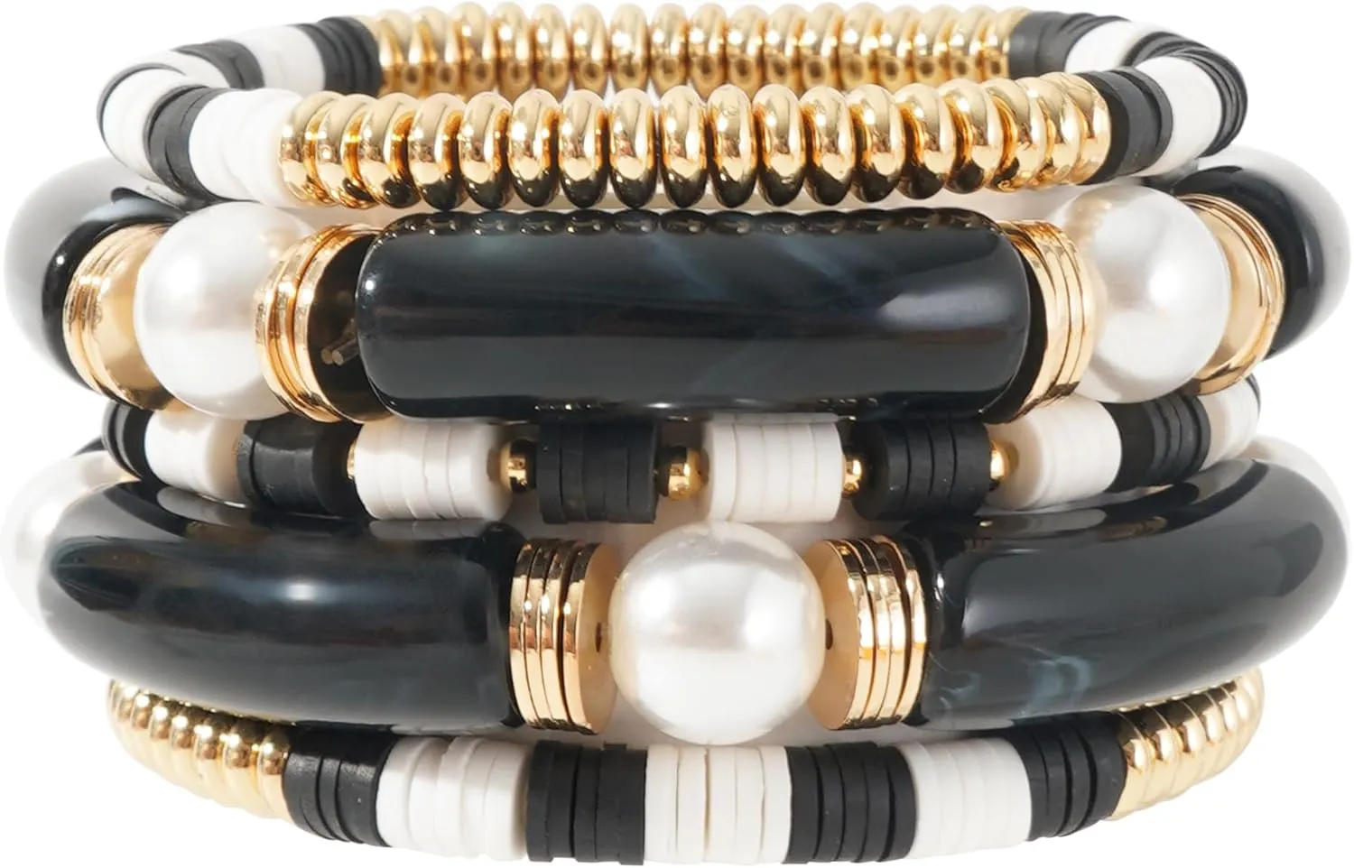 GOOJIDS Simple Beaded Gold Bangles Bracelet Chunky Bamboo Tube Curved Stacking Clear Acrylic Colorful Beads Stretchable Gold Bracelets Set For Women