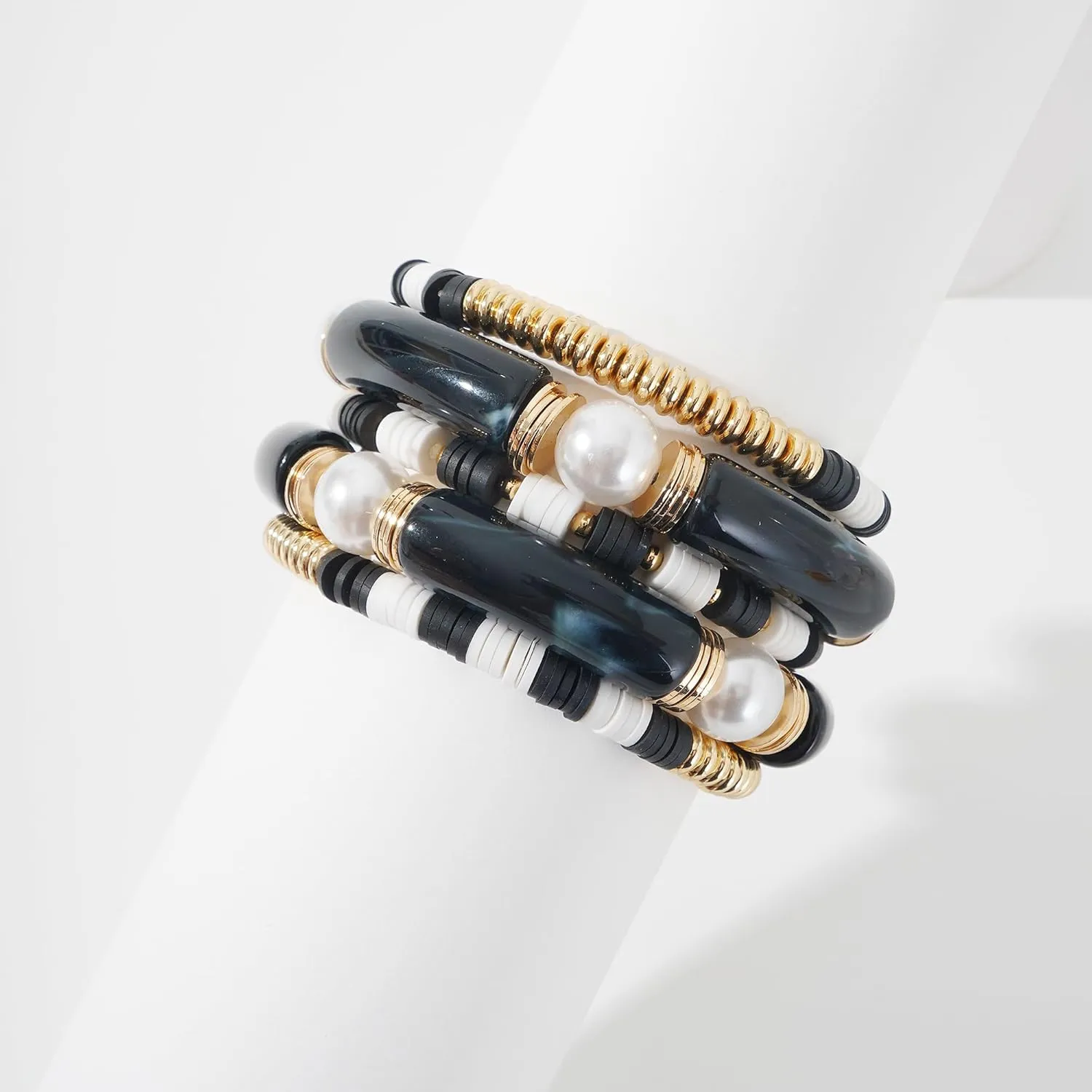 GOOJIDS Simple Beaded Gold Bangles Bracelet Chunky Bamboo Tube Curved Stacking Clear Acrylic Colorful Beads Stretchable Gold Bracelets Set For Women