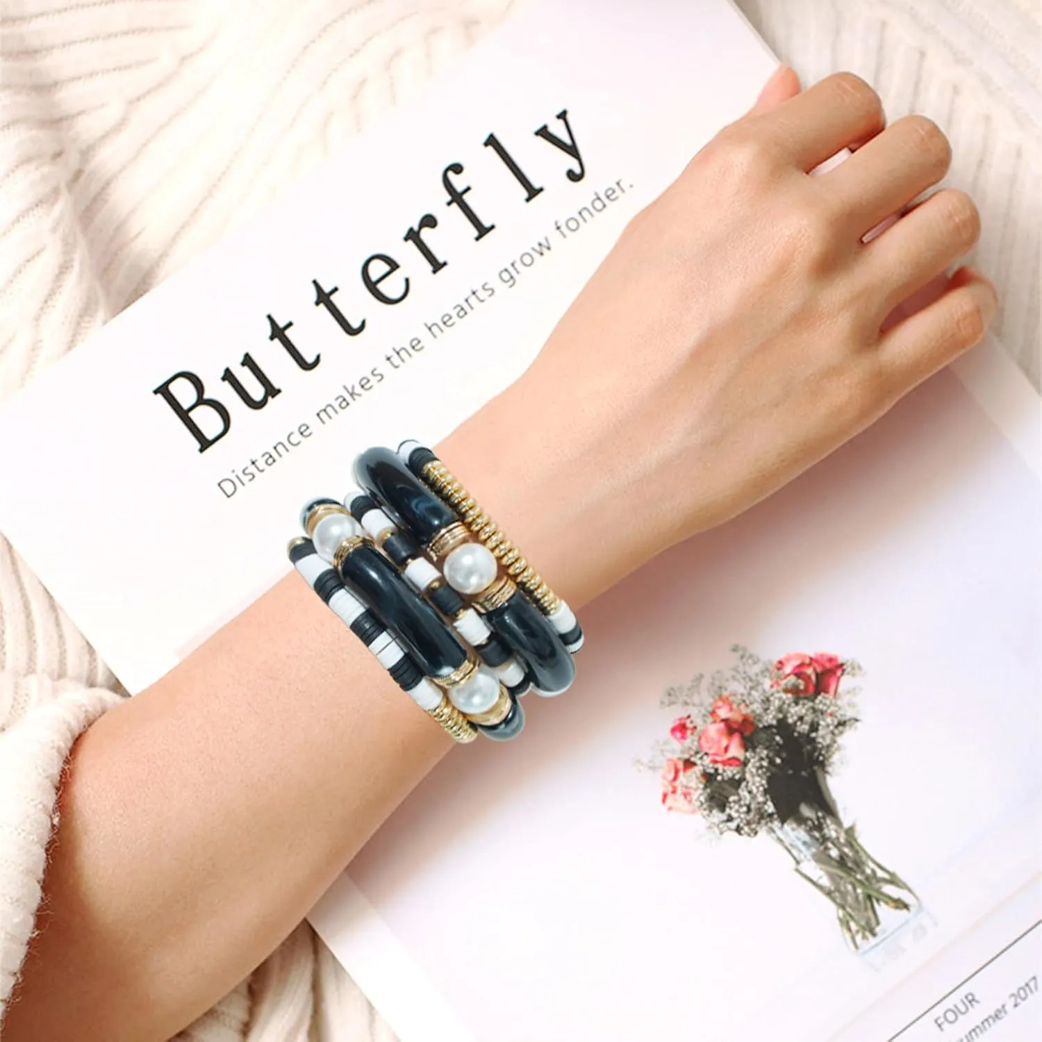 GOOJIDS Simple Beaded Gold Bangles Bracelet Chunky Bamboo Tube Curved Stacking Clear Acrylic Colorful Beads Stretchable Gold Bracelets Set For Women