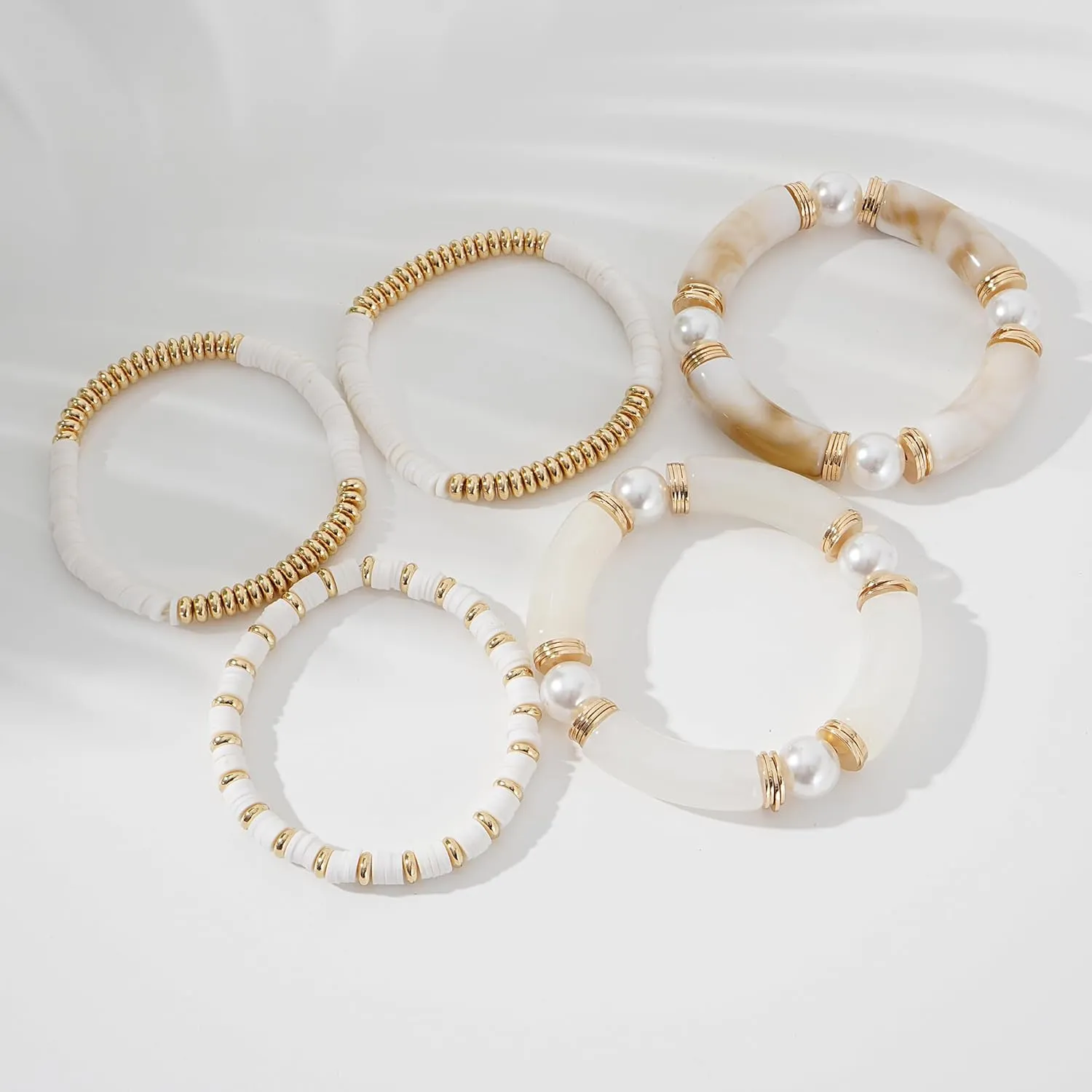 GOOJIDS Simple Beaded Gold Bangles Bracelet Chunky Bamboo Tube Curved Stacking Clear Acrylic Colorful Beads Stretchable Gold Bracelets Set For Women