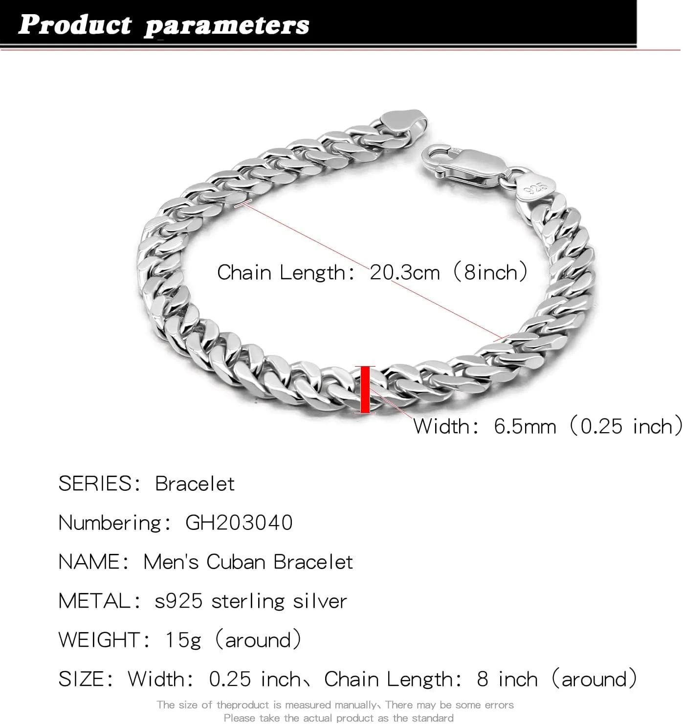 H&Beautimer 925 Sterling Silver Italian Handmade - 0.25-0.5'' Classic Miami Cuban Chain Bracelet For Men - Party Fine Jewelry Original Silver Bracelet 7-10'' Length