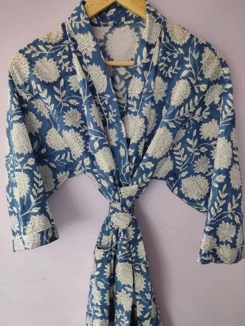 Hand Block Print Cotton Summer Wear Dress Caftan Dress Beach Wear Wave Blue Print Kaftan