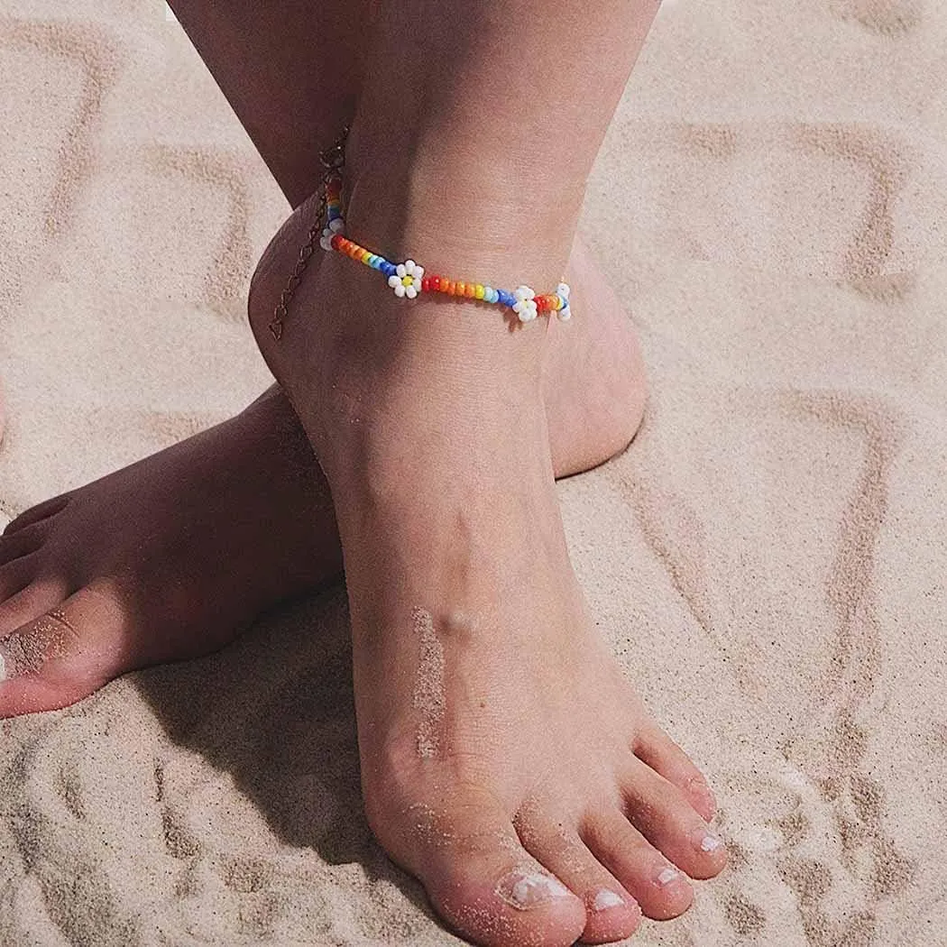 Handmade Beaded Anklet Colored Flower Foot Chain Boho Ankle Bracelet Extension Ankle Accessories Sea Foot Slave Chain Jewelry for Women