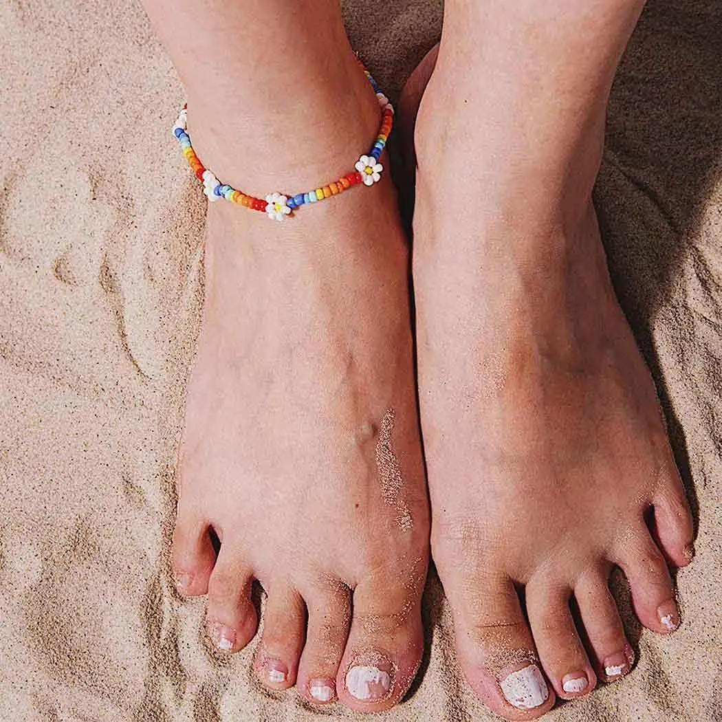 Handmade Beaded Anklet Colored Flower Foot Chain Boho Ankle Bracelet Extension Ankle Accessories Sea Foot Slave Chain Jewelry for Women