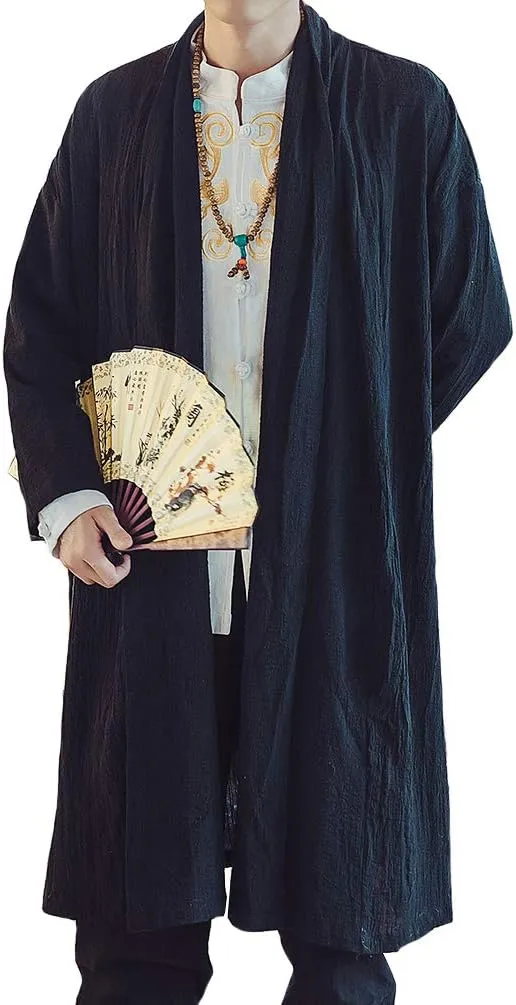 HAORUN Men Cotton Linen Kimono Loose Coat Yukata Japanese Jackets Long Bathrobe Casual