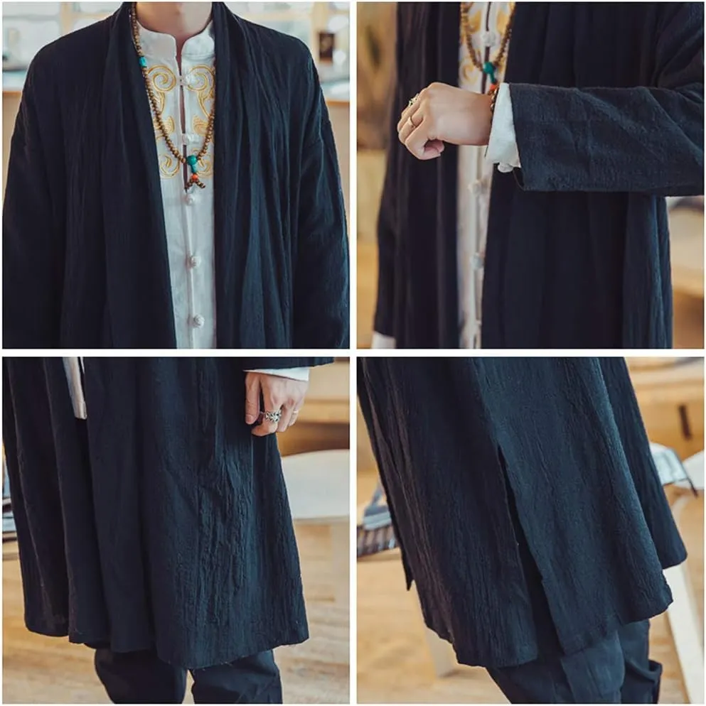 HAORUN Men Cotton Linen Kimono Loose Coat Yukata Japanese Jackets Long Bathrobe Casual