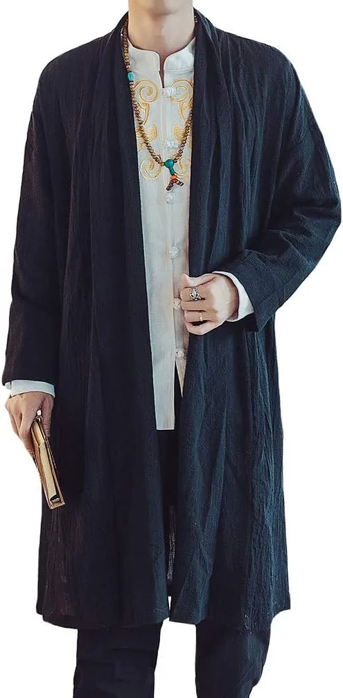HAORUN Men Cotton Linen Kimono Loose Coat Yukata Japanese Jackets Long Bathrobe Casual
