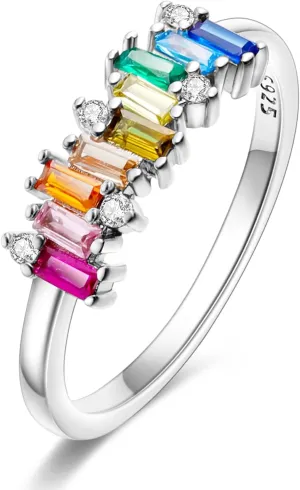 Hapour 925 Sterling Silver Ring with Colorful Cubic Zirconia,Dainty Stackable Rings for Women Non Tarnish as Gifts for Women Ring Size 6-9
