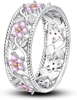 Hapour 925 Sterling Silver Women Rings with Pink Flower Cubic Zirconia, Stackable Eternity Rings Statement Rings for Women Size 6-9