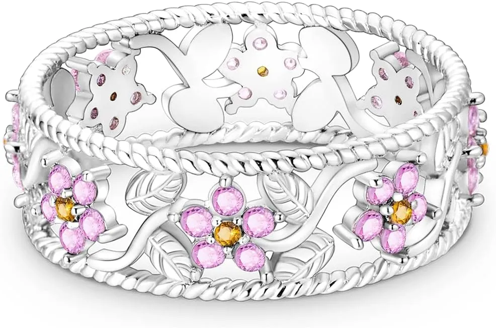 Hapour 925 Sterling Silver Women Rings with Pink Flower Cubic Zirconia, Stackable Eternity Rings Statement Rings for Women Size 6-9
