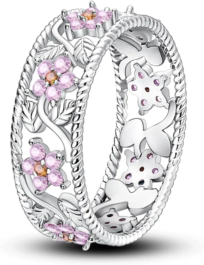 Hapour 925 Sterling Silver Women Rings with Pink Flower Cubic Zirconia, Stackable Eternity Rings Statement Rings for Women Size 6-9